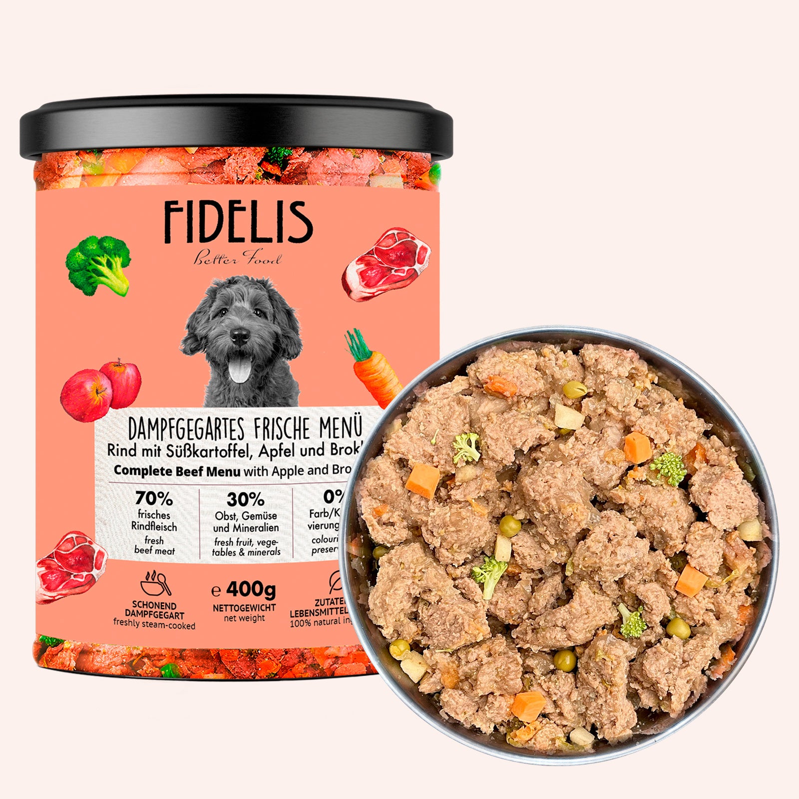 gekochtes Frische-Menü für Hunde mit Rind und Süßkartoffel im Glas