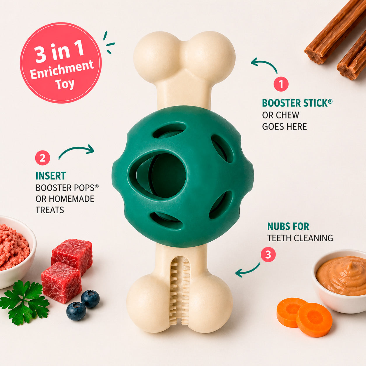 Dog occupied with the Booster Bone Dog Toy