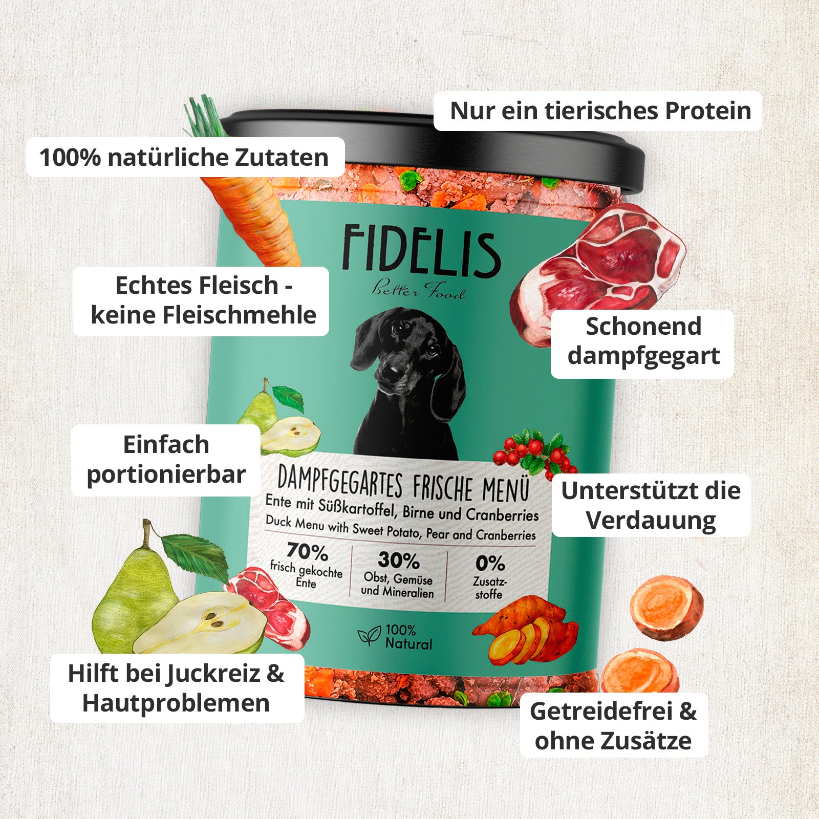 *Ente mit Süßkartoffel, Birne und Cranberries (im Glas)