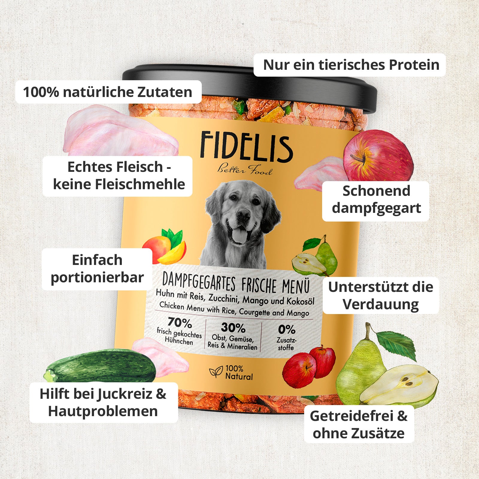 Huhn mit Reis, Zucchini und Mango (im Glas)