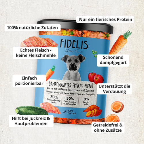 Lachs mit Süßkartoffel, Erbsen und Zucchini (im Glas)