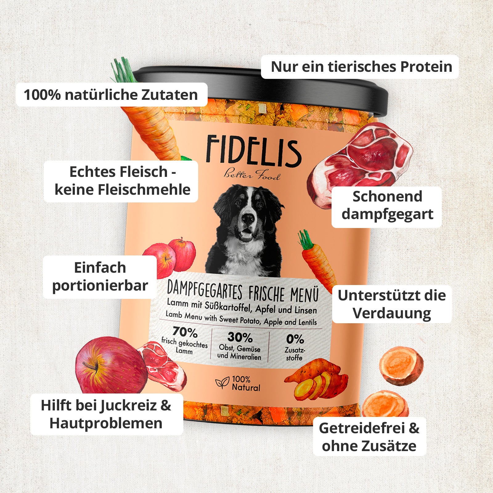 Lamm mit Süßkartoffel, Apfel und Linsen (im Glas)