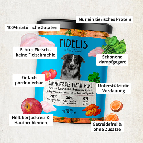 Pute mit Süßkartoffel, Erbsen und Spinat (im Glas)