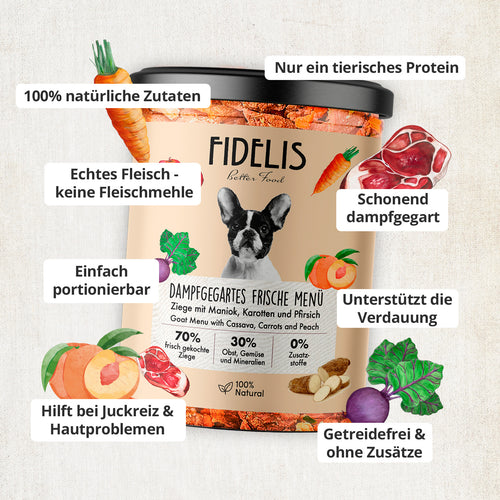 Ziege mit Maniok, Karotten und Pfirsich (im Glas)