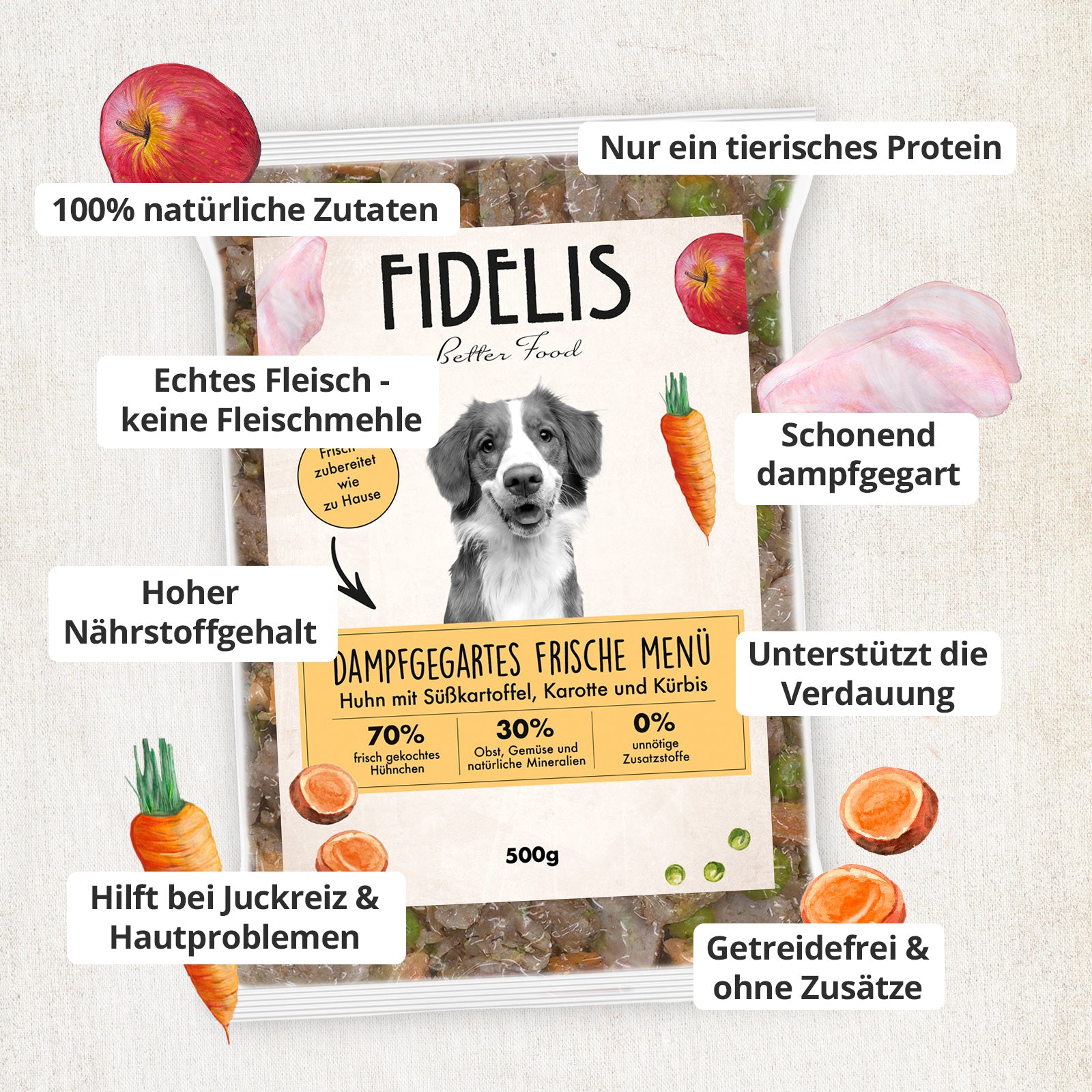 Huhn mit Süßkartoffel, Karotte und Kürbis (500g) gefroren