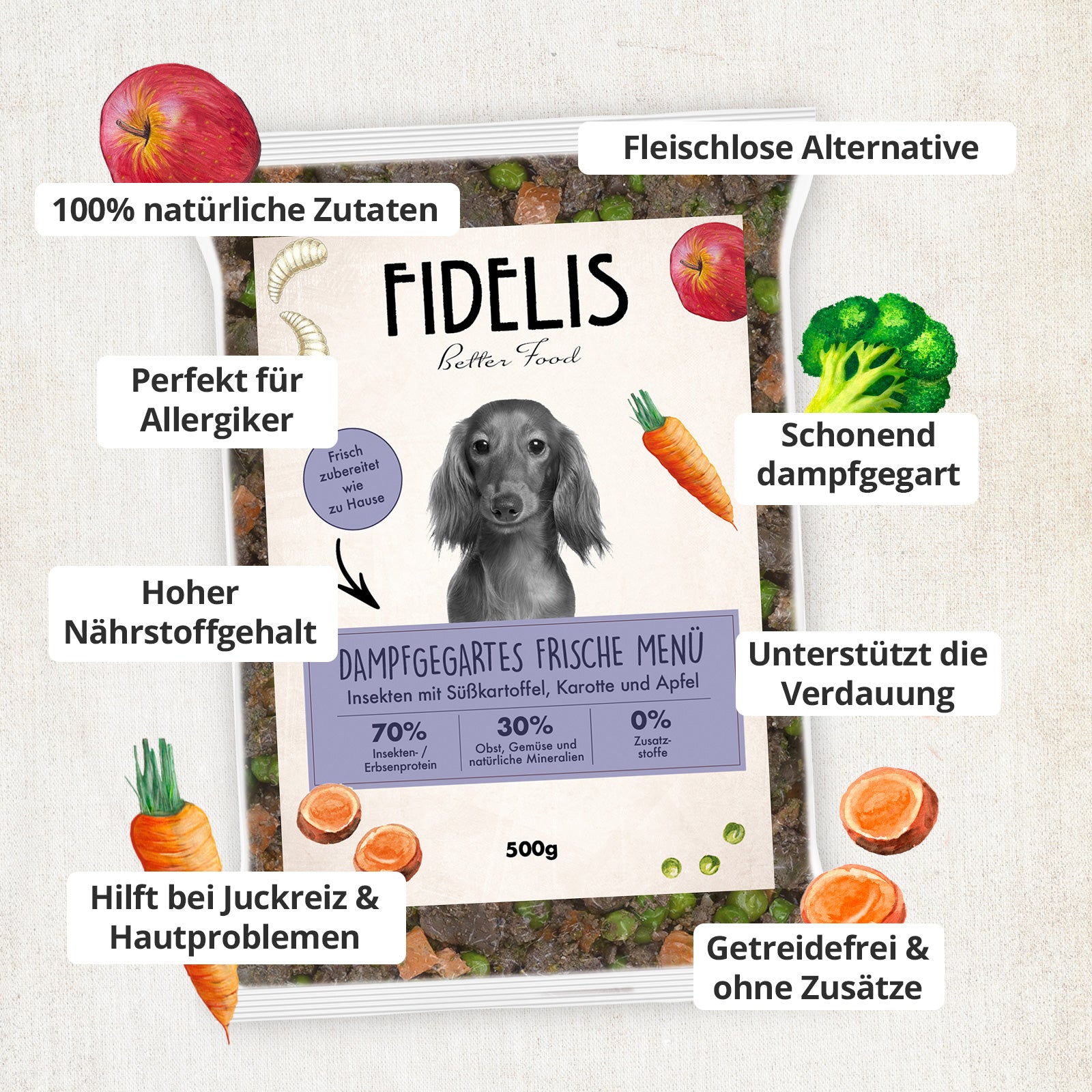 Insekten mit Süßkartoffel, Karotte und Apfel (500g) gefroren