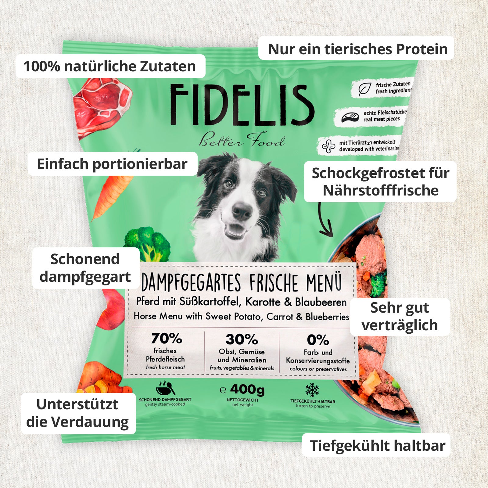 Pferd mit Süßkartoffel, Karotte und Blaubeeren (400g, gefroren)