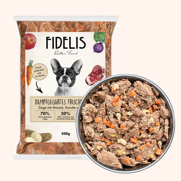 Ziege mit Maniok, Karotten und Pfirsich (500g) gefroren