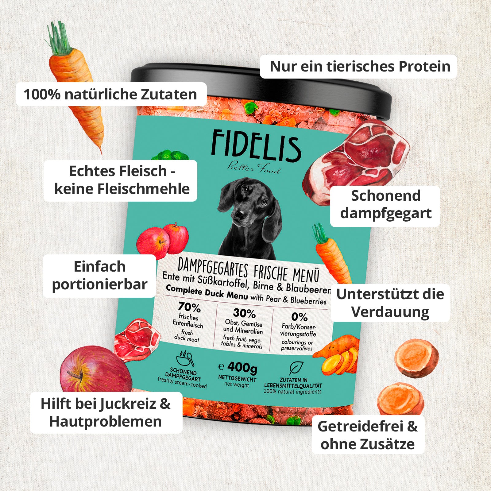 Ente mit Süßkartoffel, Birne und Blaubeeren (im Glas)