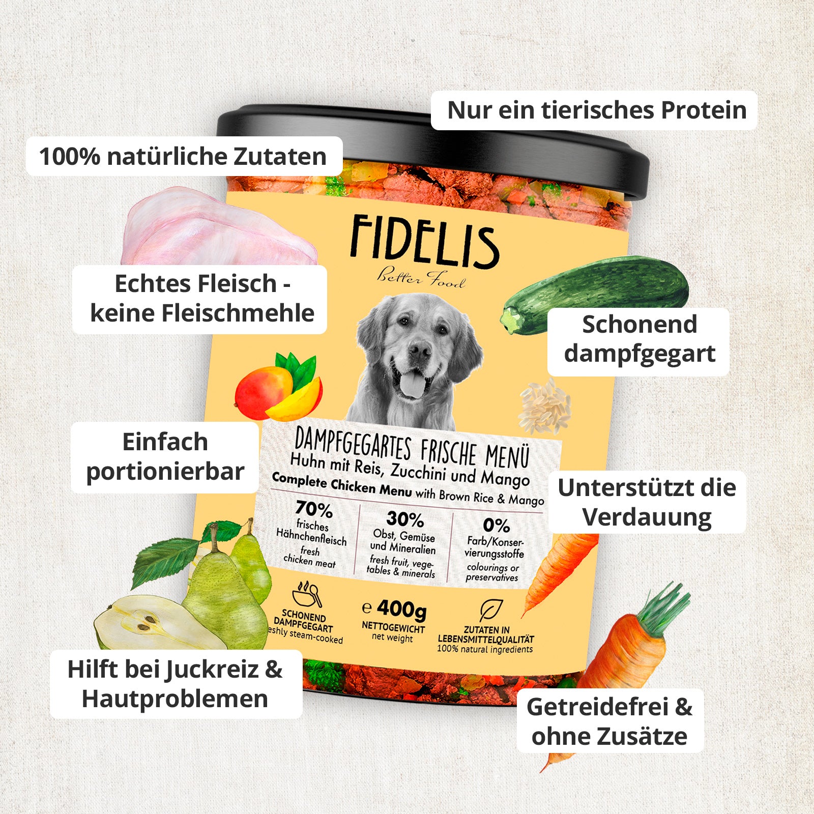 Huhn mit Reis, Zucchini und Mango (400g, im Glas)