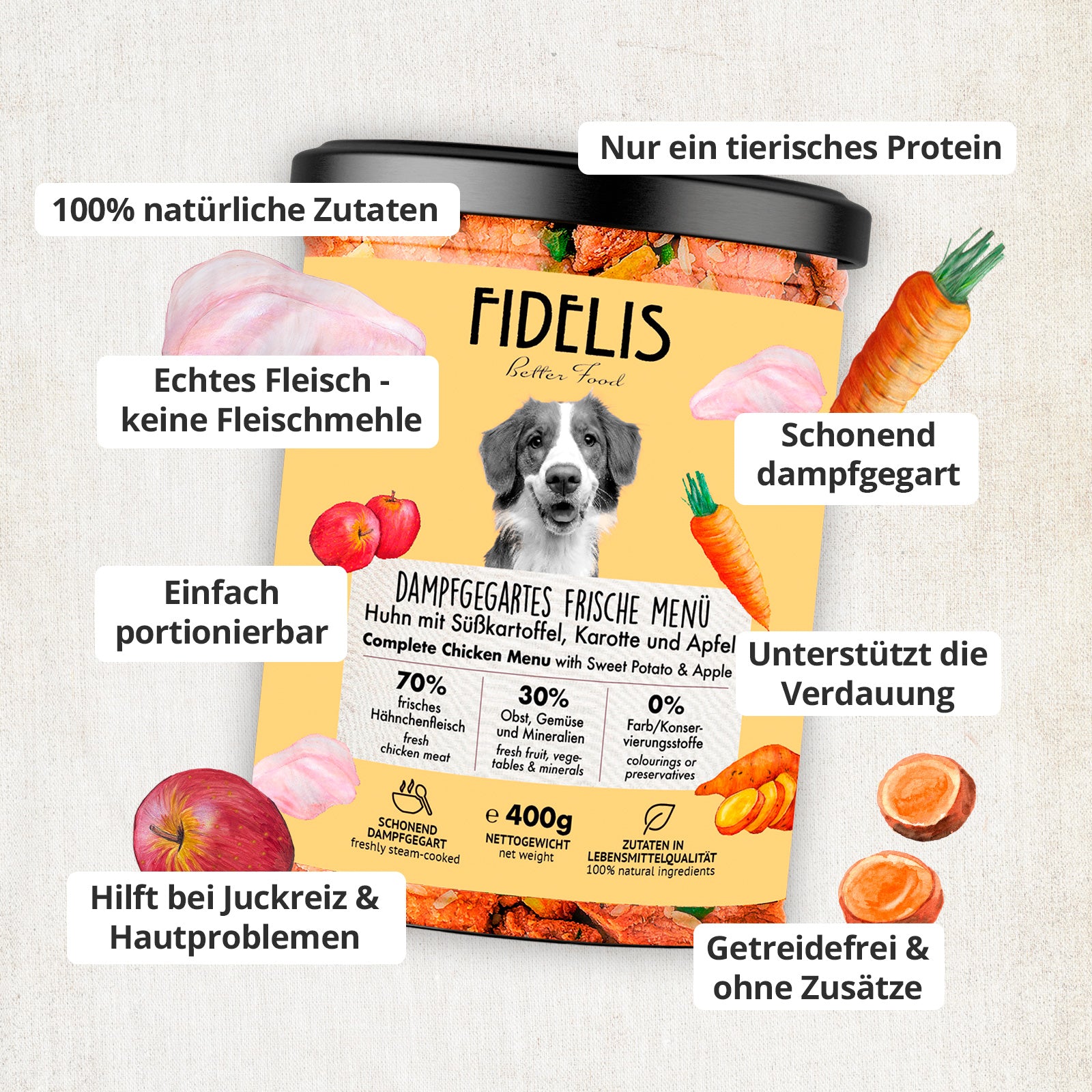 Huhn mit Süßkartoffel, Karotte und Apfel (400g, im Glas)