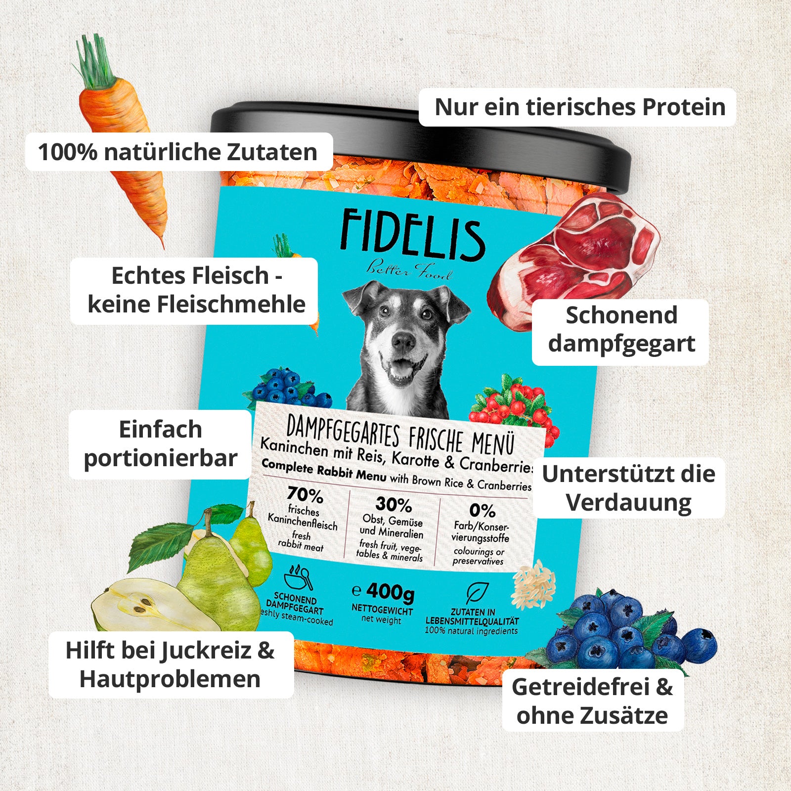 Kaninchen mit Reis, Karotte und Cranberries (400g, im Glas)