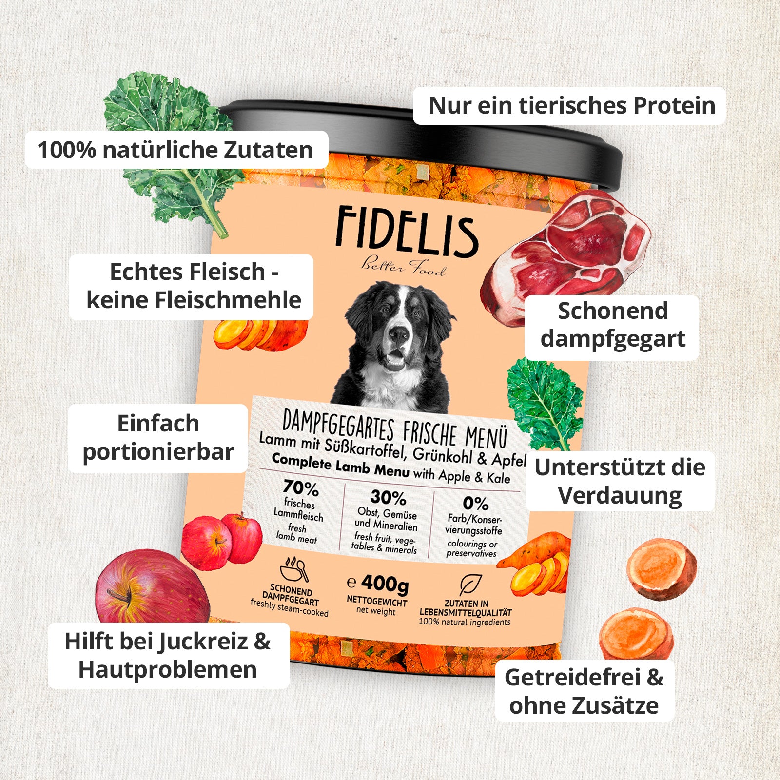 Lamm mit Süßkartoffel, Grünkohl und Apfel (400g, im Glas)