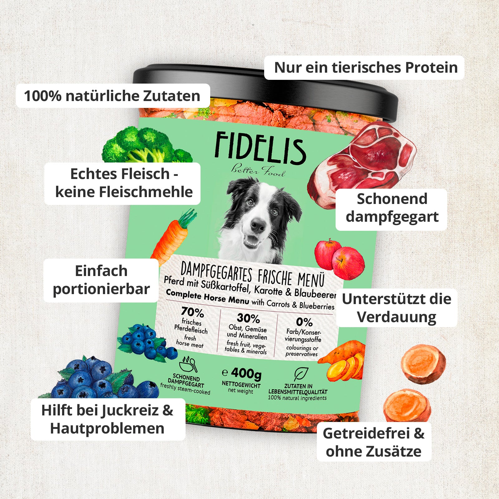 Pferd mit Süßkartoffel, Karotte und Blaubeeren (im Glas)