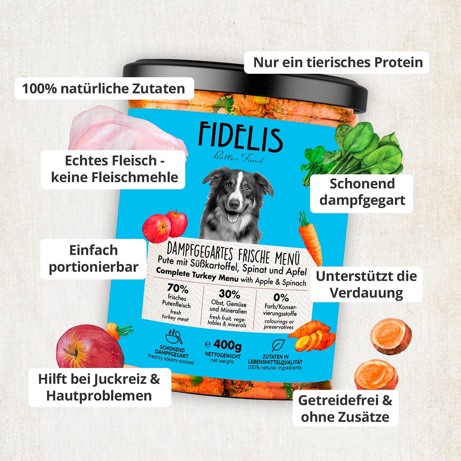Pute mit Süßkartoffel, Spinat und Apfel (400g, im Glas)
