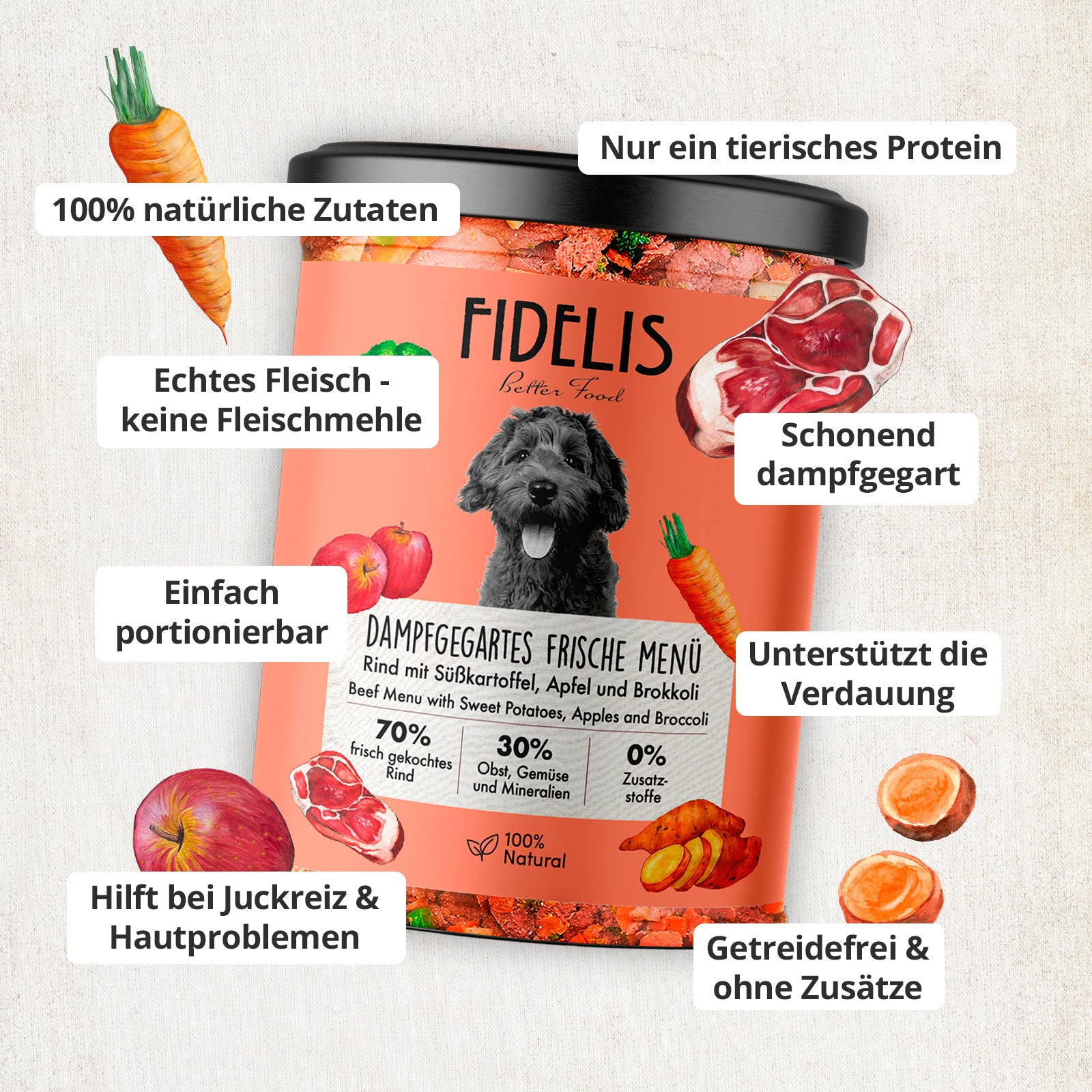 Rind mit Süßkartoffel, Brokkoli und Apfel (400g, im Glas)