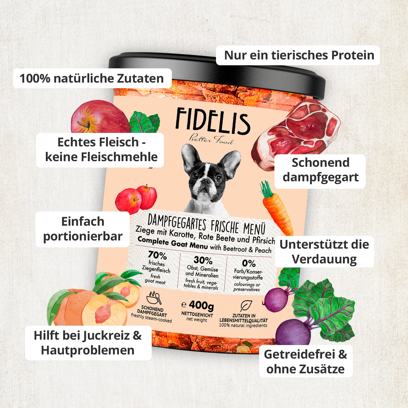 Ziege mit Karotte, Rote Beete und Pfirsich (im Glas)