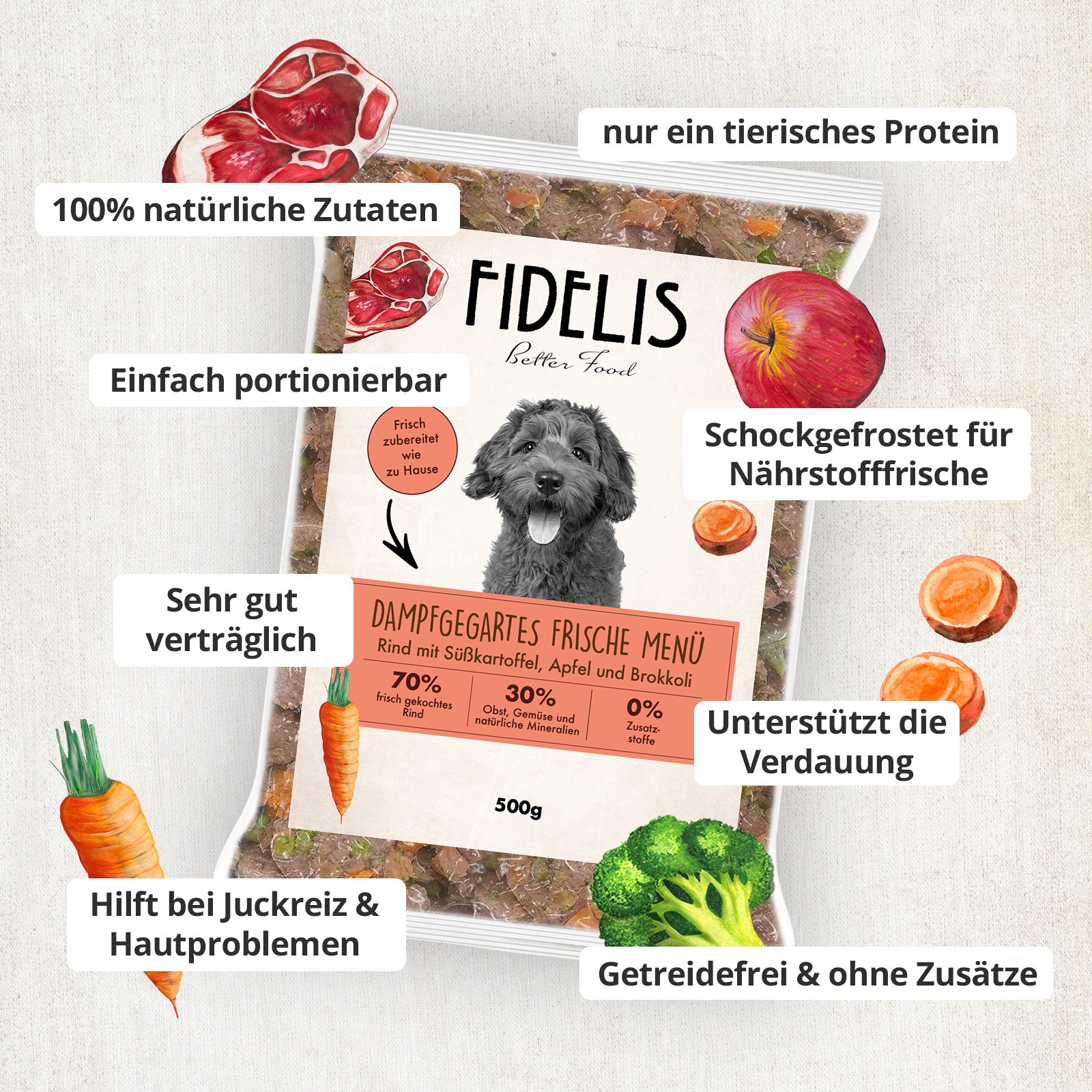 Rind mit Süßkartoffel, Apfel und Test (500g, tiefgefroren)