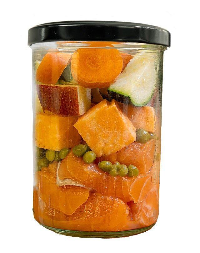 Probier-Glas: Frische-Menü Lachs mit Süßkartoffel, Erbsen und Zucchini (400g)